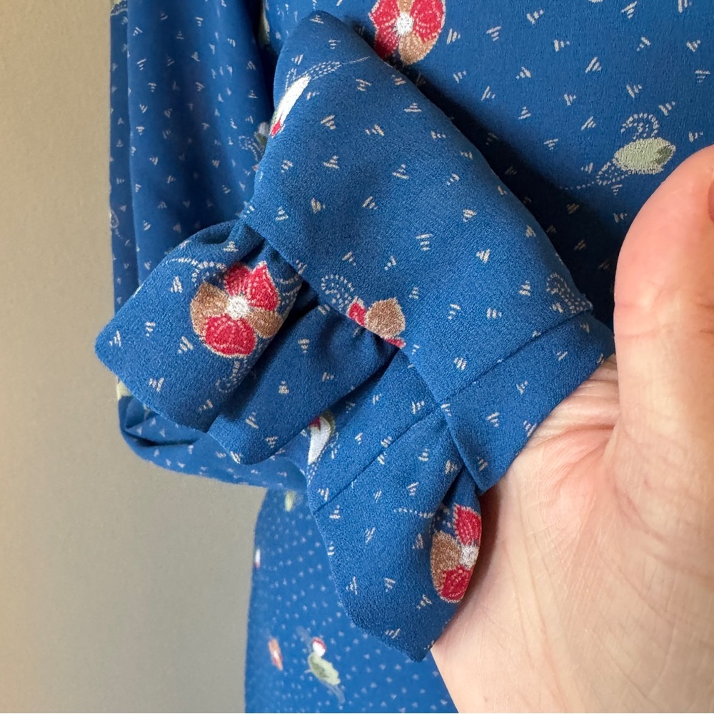 Vintage Tall Girl Prairie Midi Dress Blue Floral Ruffle Collar Size 12 Tall - Picture 15 of 16